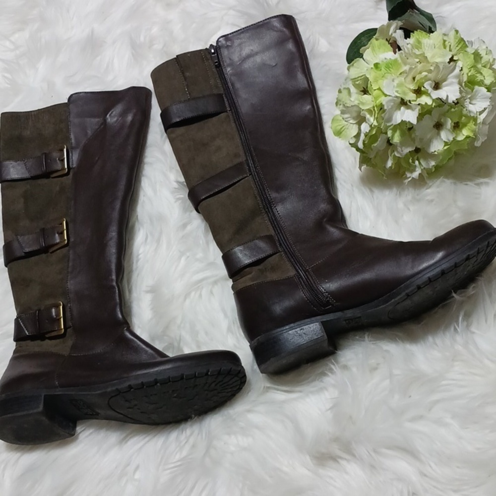 9&Co size 8 brown tall boots, with decoractive buckles. Man made materials.